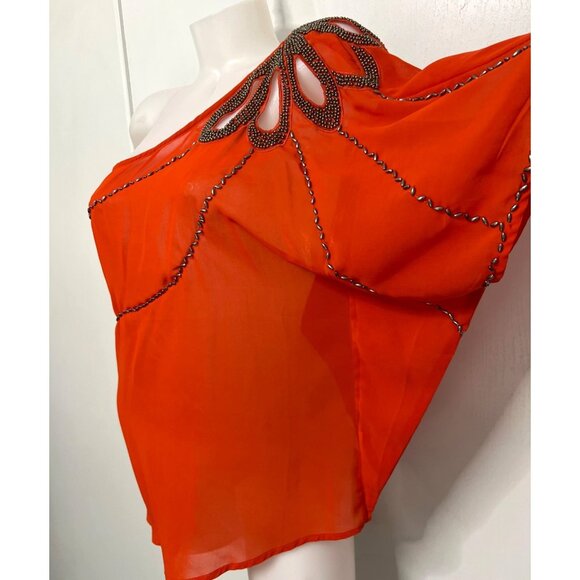 Camille La Vie One Shoulder Orange Blouse Draped Beaded Top Women Size Large - Picture 6 of 9